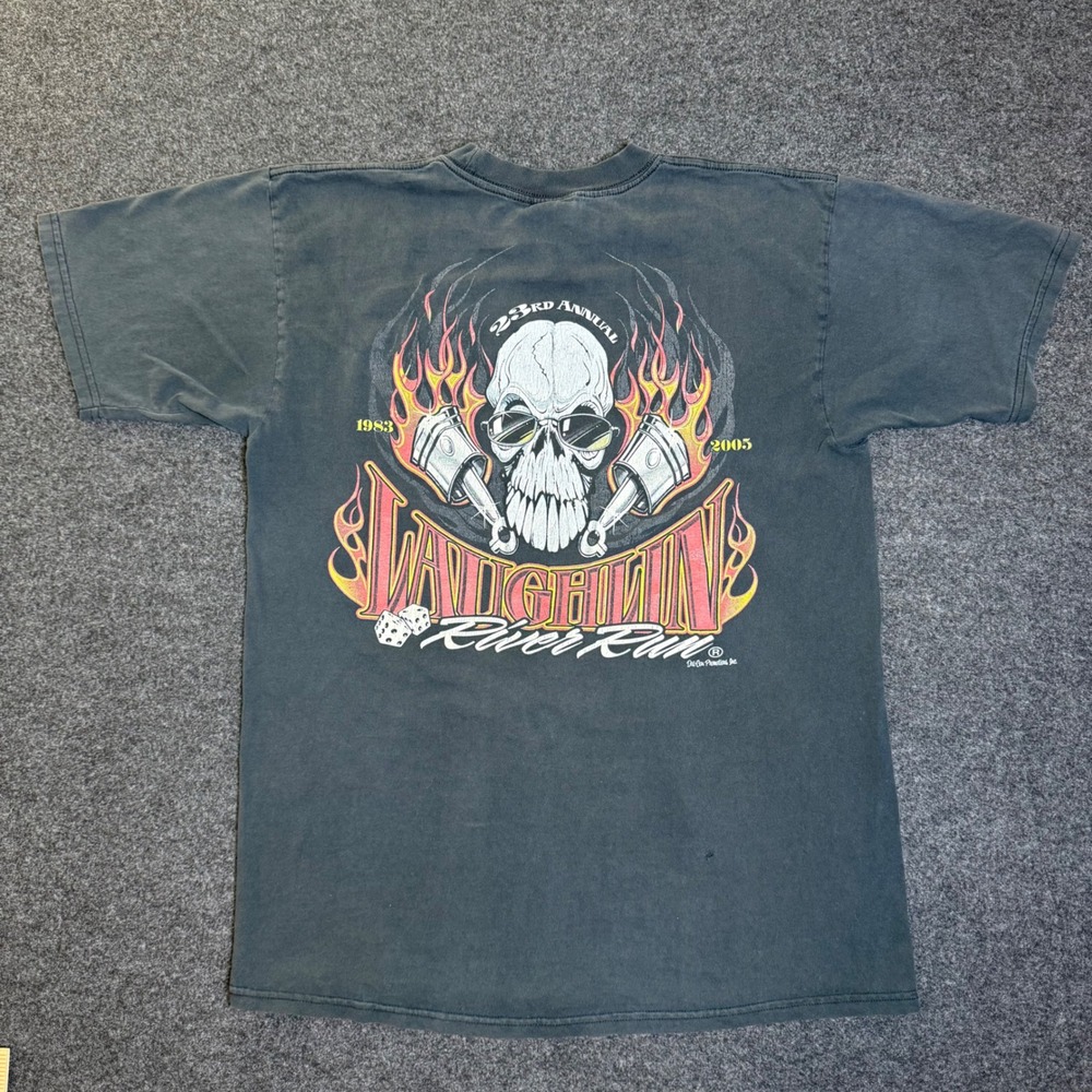 Vintage Laughlin River Run T-Shirt Mens L Black 2005 Biker Skull Made in USA
